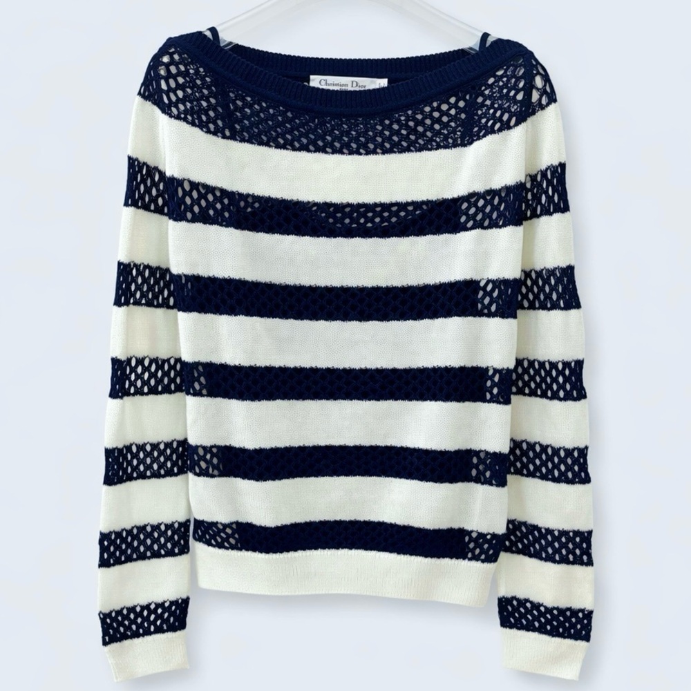 Dior Navy White Lace Stripe Knit Top XS Sheer Made in Italy